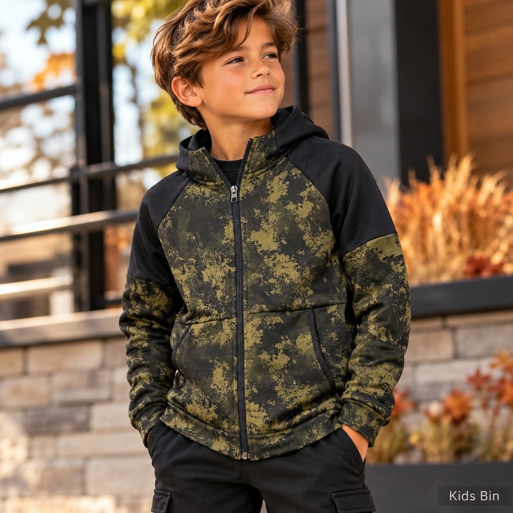 Old Navy Boys Techie Fleece Go-Dry Camo Hoodie Zip Jacket Green Size L 10 KB